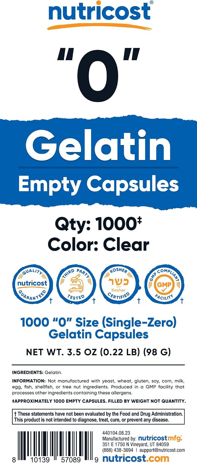 Nutricost Cápsulas Vacías de Gelatina Tamaño 0 - 1000 Cápsulas Transparentes