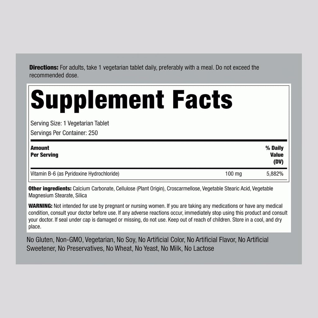 Piping Rock Vitamina B6 100 mg | 250 Comprimidos | Piridoxina Clorhidrato
