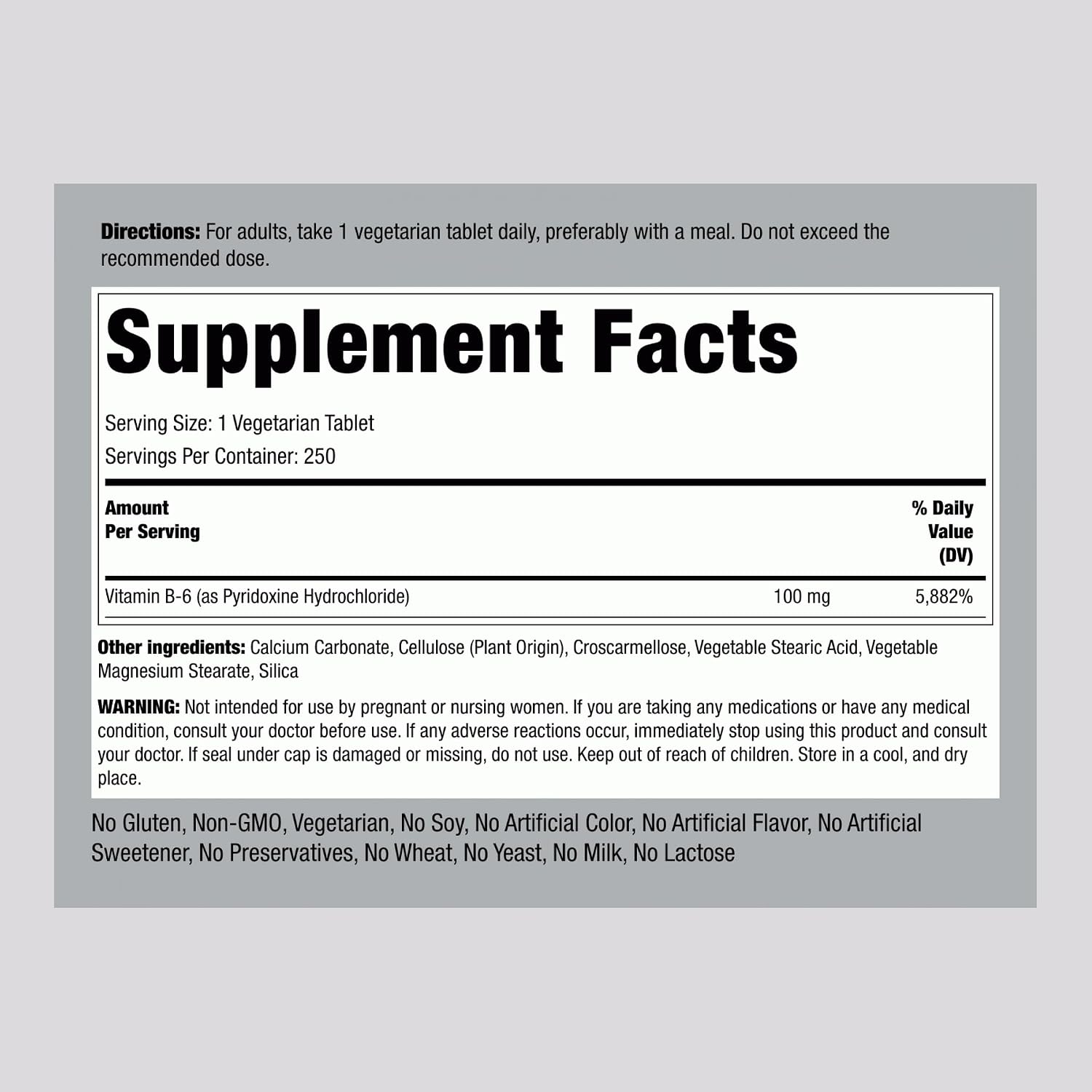 Piping Rock Vitamina B6 100 mg | 250 Comprimidos | Piridoxina Clorhidrato
