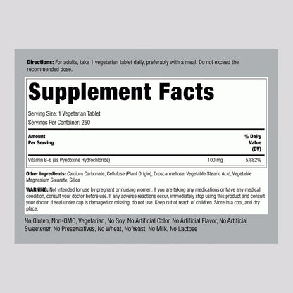 Piping Rock Vitamina B6 100 mg | 250 Comprimidos | Piridoxina Clorhidrato – Image 2