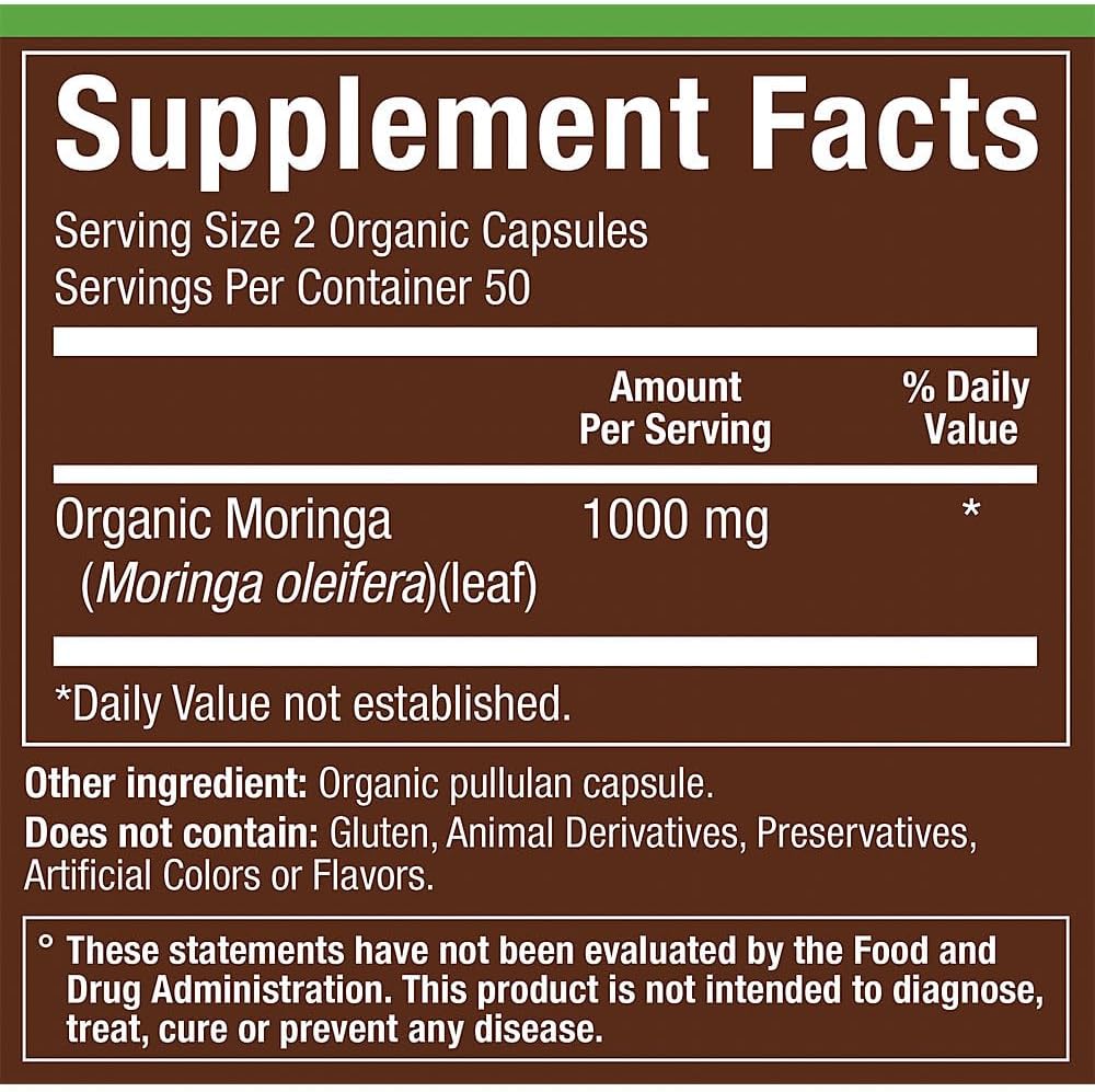 Moringa Orgánica – Superalimento para Apoyo Energético, 1,000 mg (100 Cápsulas)
