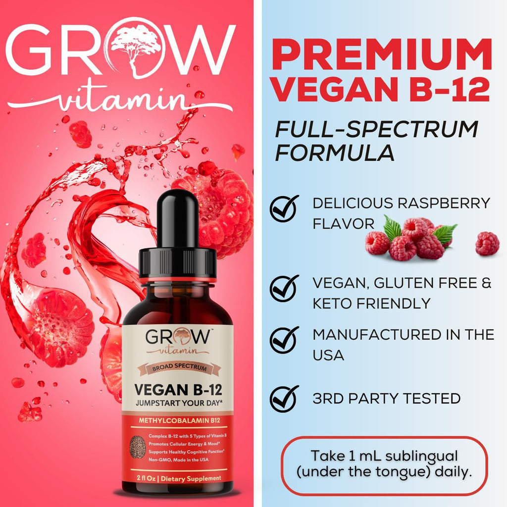 Grow Vitamin Complejo B12 Líquido Sublingual - Metilcobalamina Premium con Vitaminas B2, B3, B6 y B12 para Energía y Sistema Inmunitario