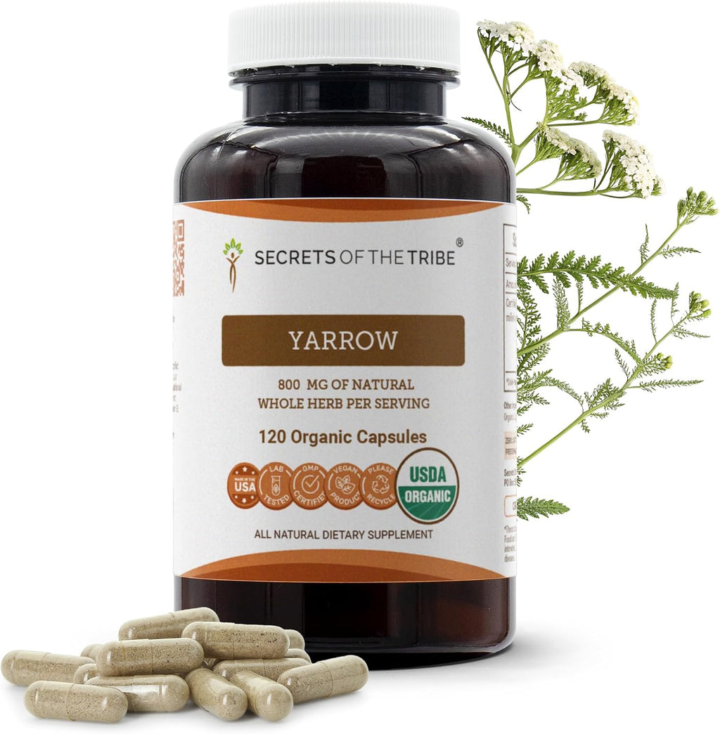 Secrets of the Tribe Yarrow 120 Cápsulas, 800 mg, USDA Organic Milenrama (Achillea millefolium) Hoja y Flor Seca
