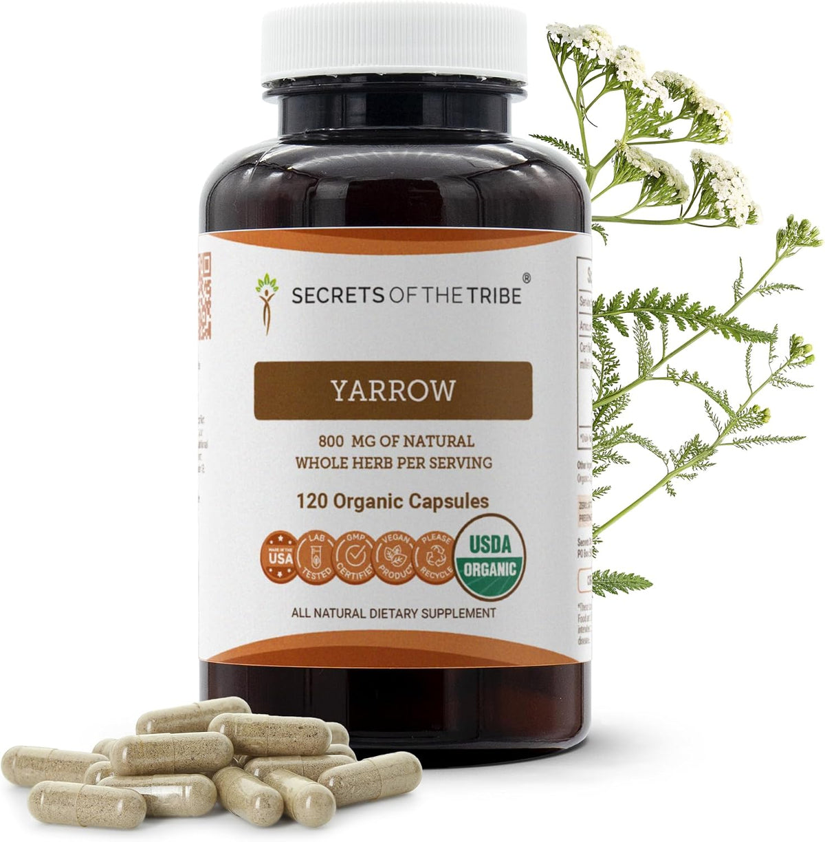 Secrets of the Tribe Yarrow 120 Cápsulas, 800 mg, USDA Organic Milenrama (Achillea millefolium) Hoja y Flor Seca – Image 1