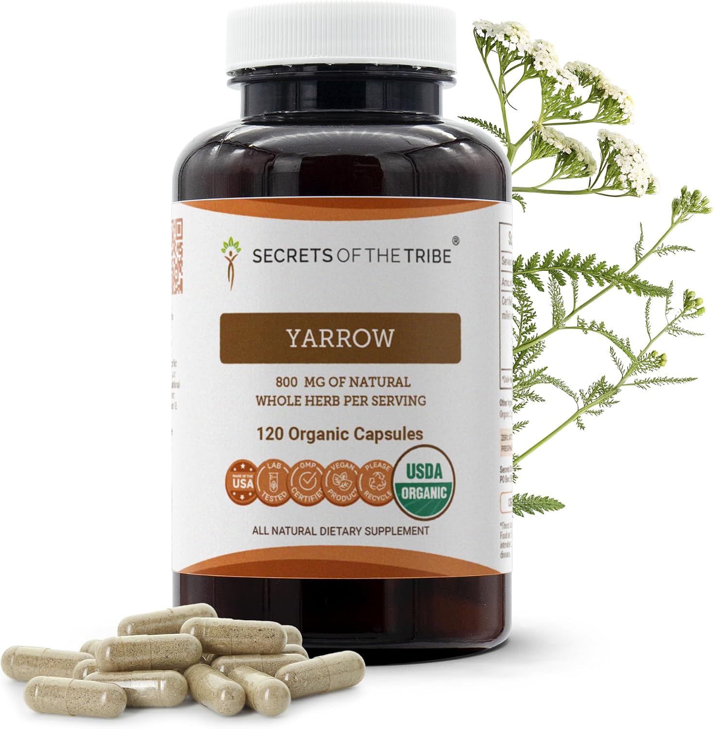 Secrets of the Tribe Yarrow 120 Cápsulas, 800 mg, USDA Organic Milenrama (Achillea millefolium) Hoja y Flor Seca