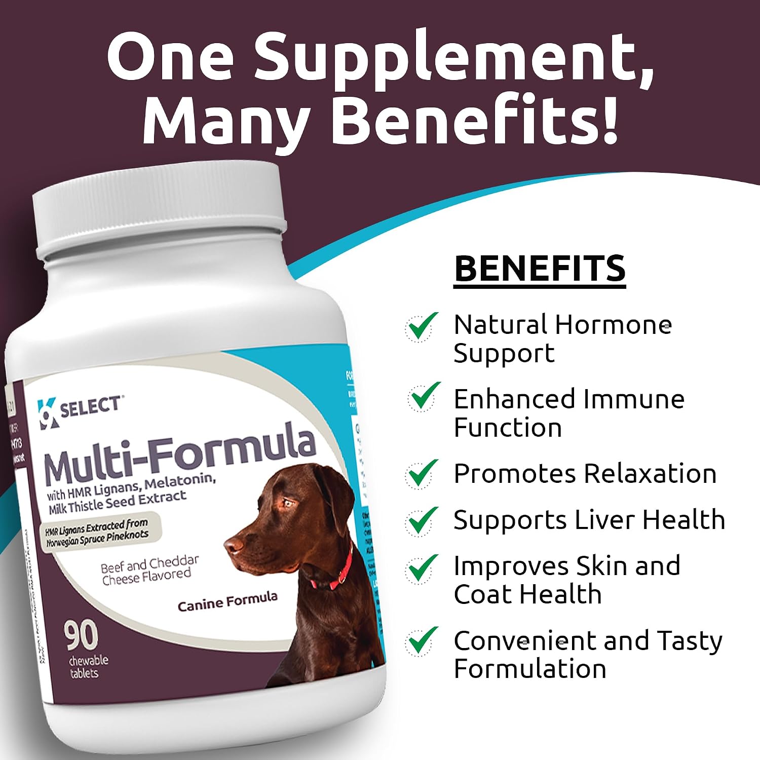K9 Select Multivitamínico para Perros Grandes - Lignanos, Melatonina, Cardo Mariano - 90 Comprimidos Sabor Carne
