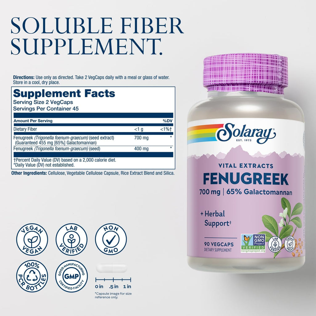 SOLARAY Fenugreek Seed Extract 700 mg - Vegan Capsules with 65% Galactomannan - 90 Capsules
