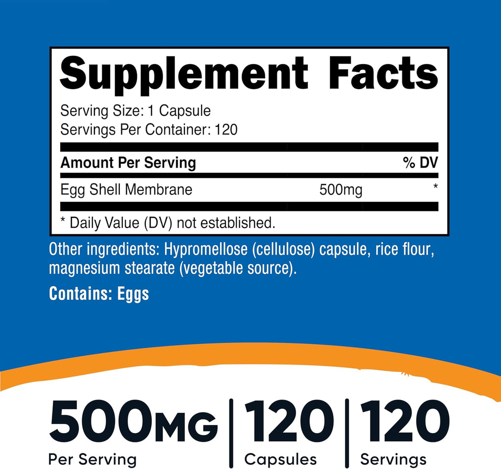 Nutricost Membrana de Cáscara de Huevo, 500 mg por Porción, 120 Cápsulas - Sin Gluten, Sin OGM