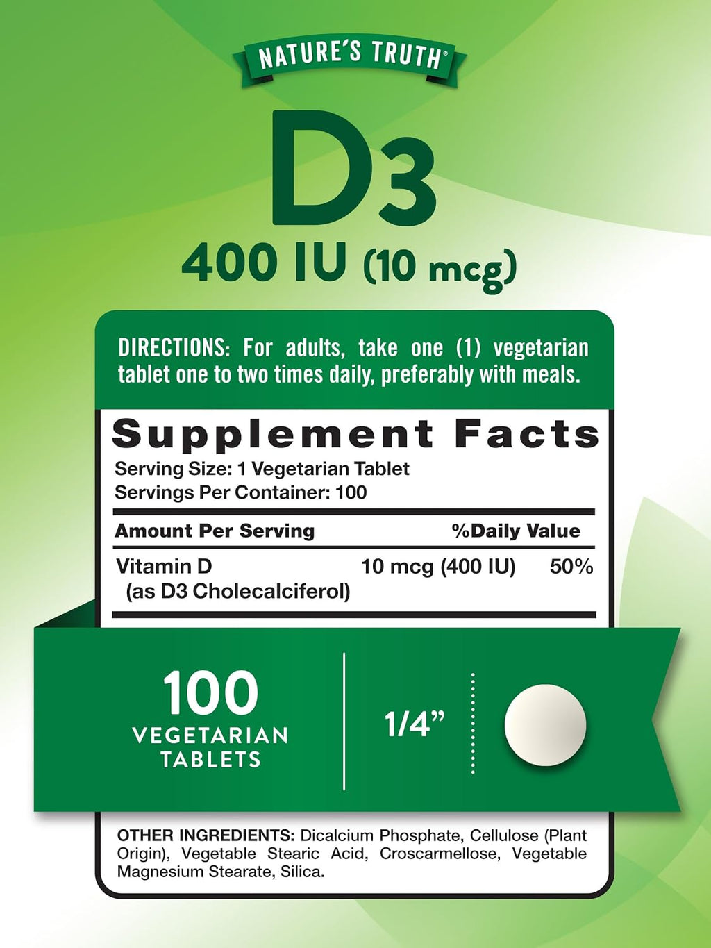 Nature's Truth Vitamina D3 400 UI (10 mcg) 100 Comprimidos Vegetarianos