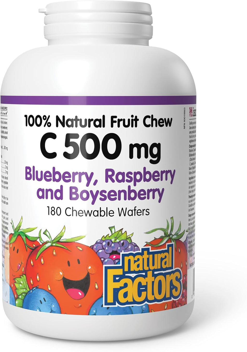 Natural Factors, Vitamina C Masticable para Niños 500 mg, Arándano, Frambuesa y Mora, 180 Comprimidos