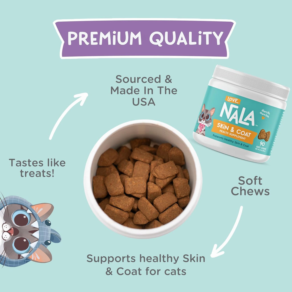 Skin and Coat Supplement for Cats - 90 Tasty Soft Chews - Omega 3 Fish Oil, Biotin, Vitamin E Supports Skin & Fur Health - 3.2 oz