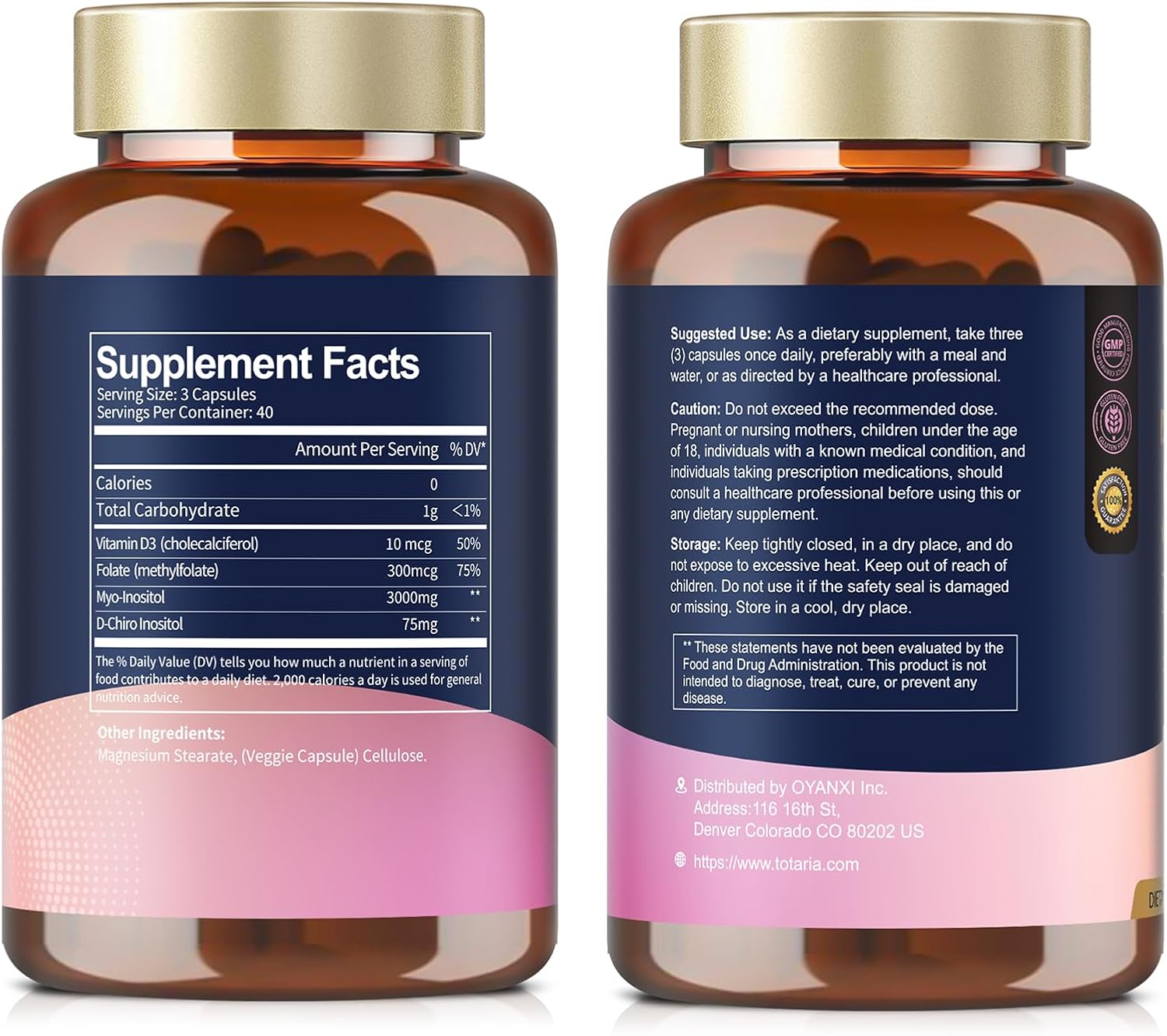 Totaria Myo-Inositol & D-Chiro Inositol 40:1 con Vitamina D3 y Folato - 120 Cápsulas Vegetales