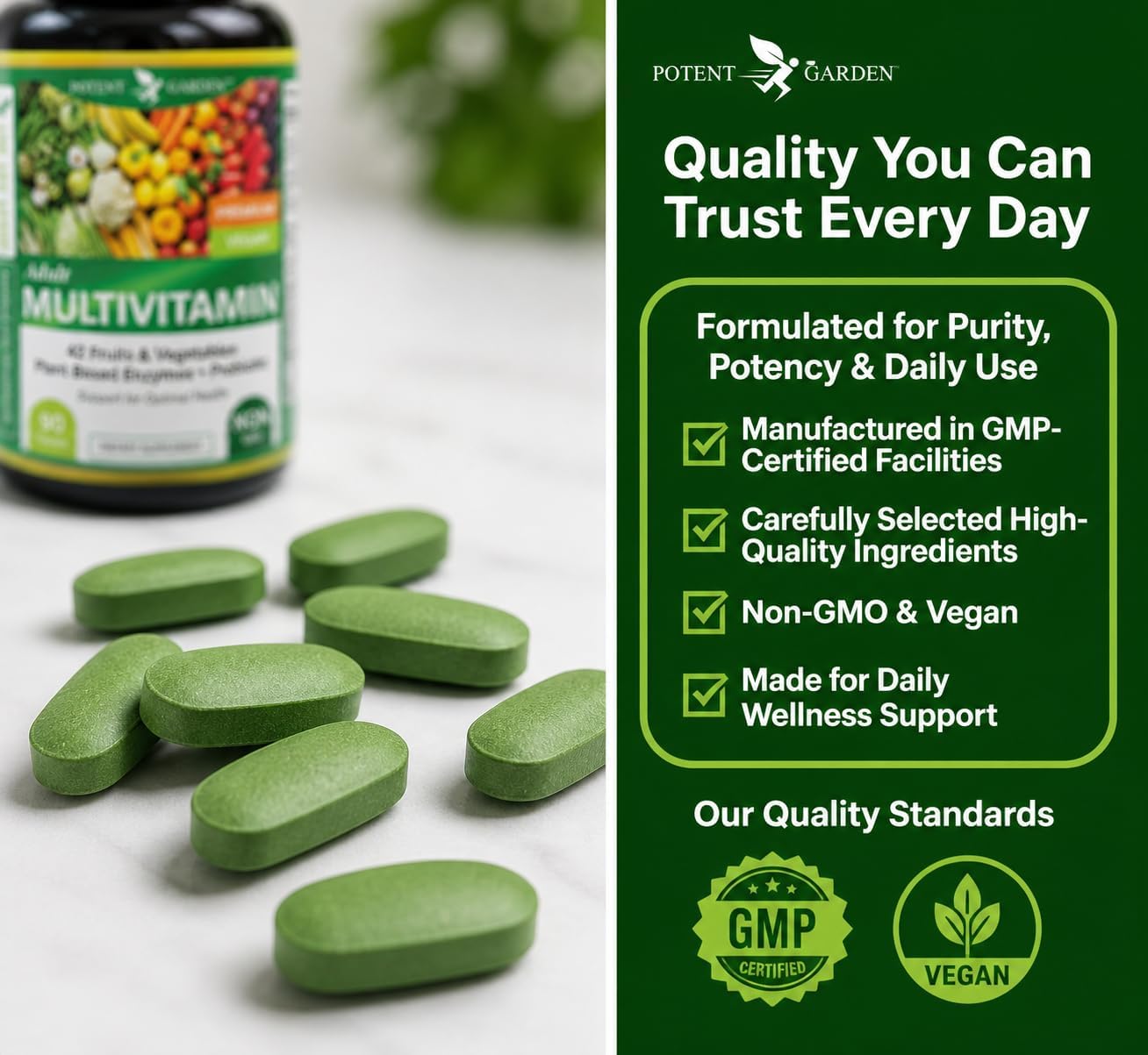 Potent Garden Multivitamínico para Hombres y Mujeres – 42 Frutas y Verduras, Probióticos y Enzimas, Complemento Alimenticio Diario, 90 Comprimidos