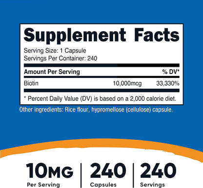 Nutricost Biotina 10.000 mcg - 240 Cápsulas – La biotina contribuye al funcionamiento normal del sistema nervioso. – Image 2
