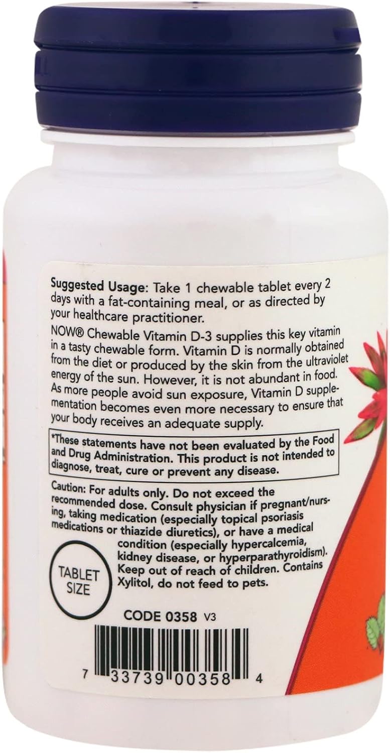 NOW Foods Vitamina D-3 5000 IU Masticable, 120 Comprimidos