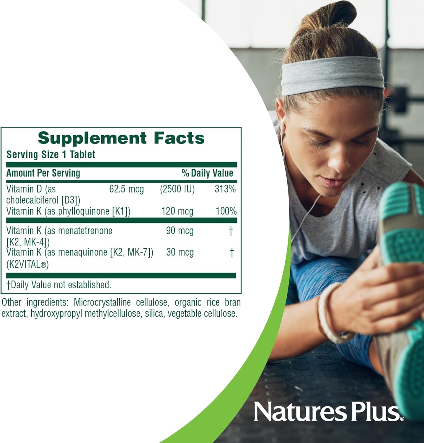 NaturesPlus Vitamina D3 y K2 - 90 Comprimidos - Vegetariano, Sin Gluten