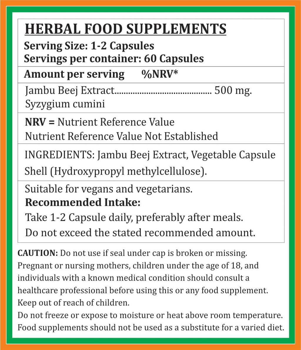 Jambu Beej Forte Cápsulas 500 mg · 60 cáps. vegetales (2 frascos) – Extracto de Jamun (Syzygium Cumini) 10:1 – Suplemento herbal ayurvédico