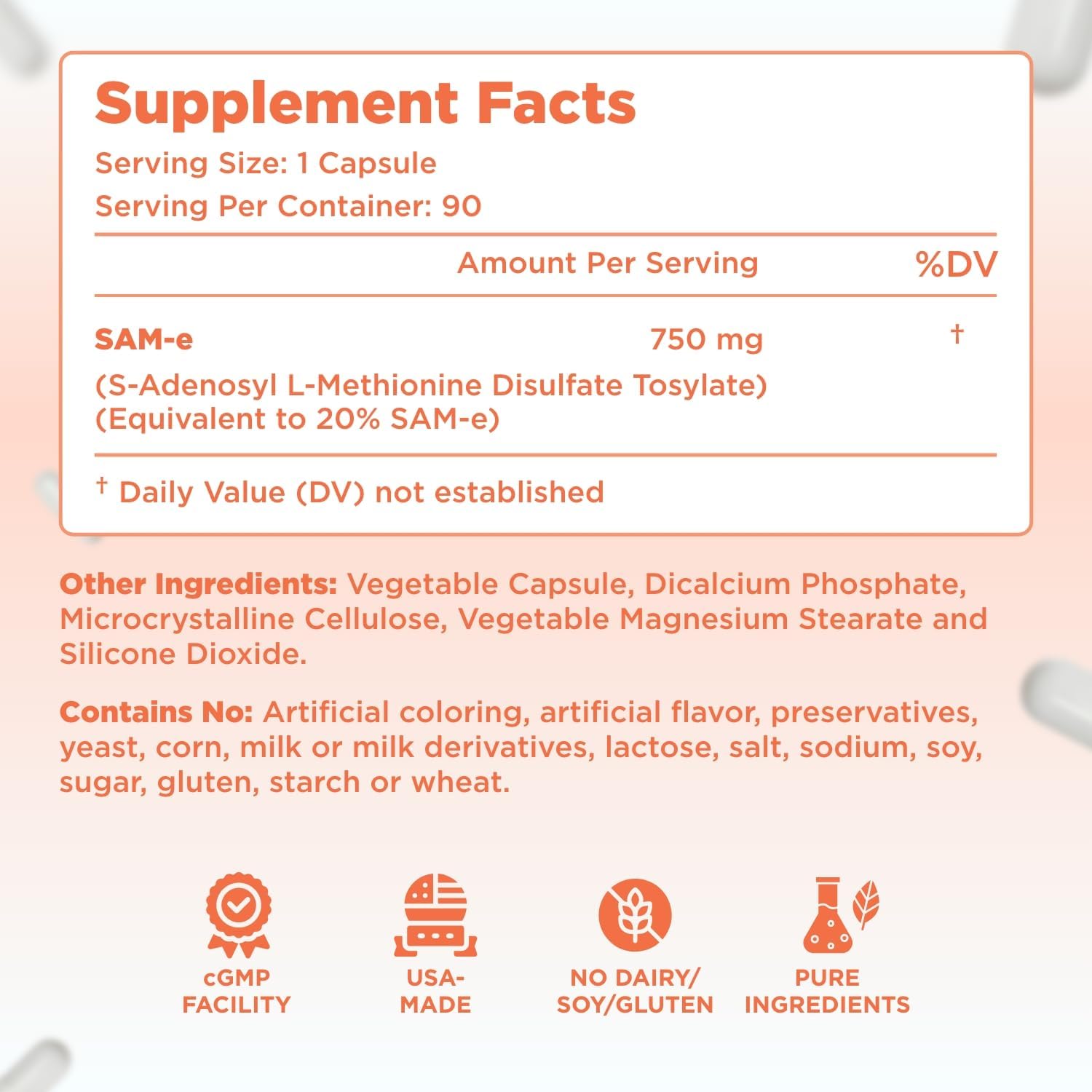 Clear Formulas Bioactive SAM-e 750mg - 90 Cápsulas - Suplemento de SAM-e de Alta Resistencia con Forma S,S Biológicamente Activa - Vegano, Sin OGM, Sin Conservantes - Fabricado en EE.UU.