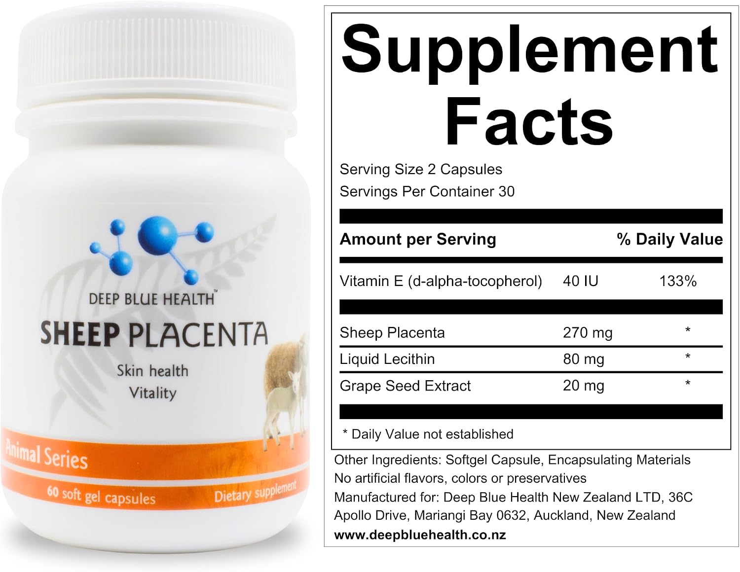 New Zealand Sheep Placenta with Grape Seed Extract and Vitamin E - 13500mg x 60 Softgels