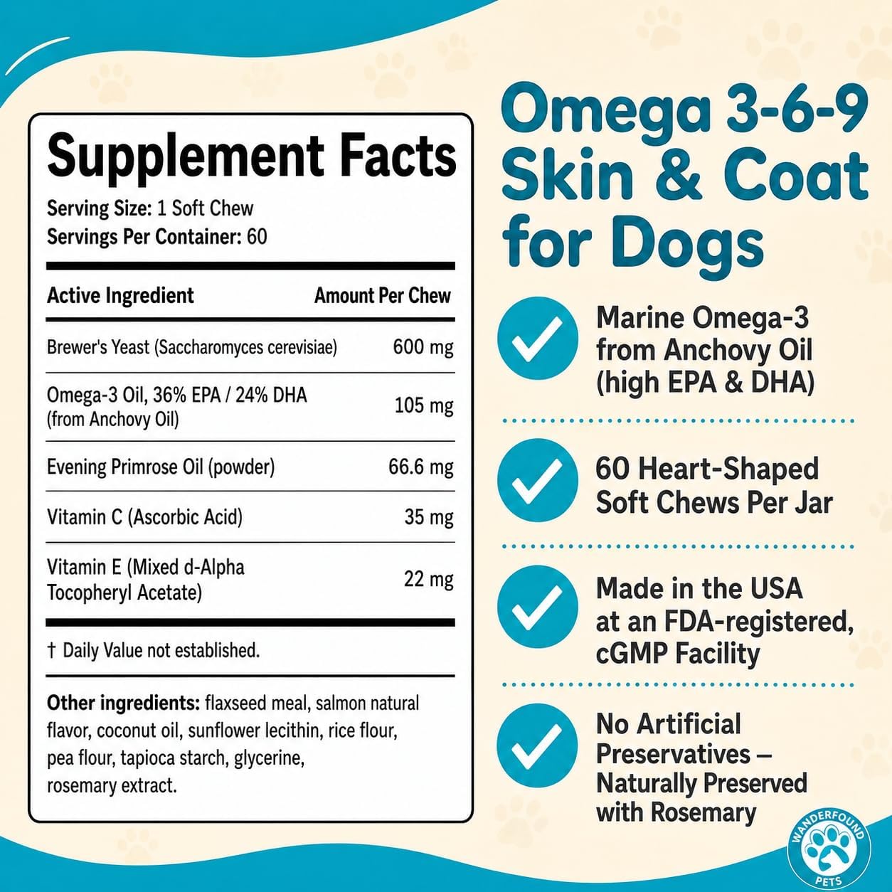 Wanderfound Pets Omega 3 para Perros - Aceite de Pescado para Piel y Pelaje, 60 Masticables