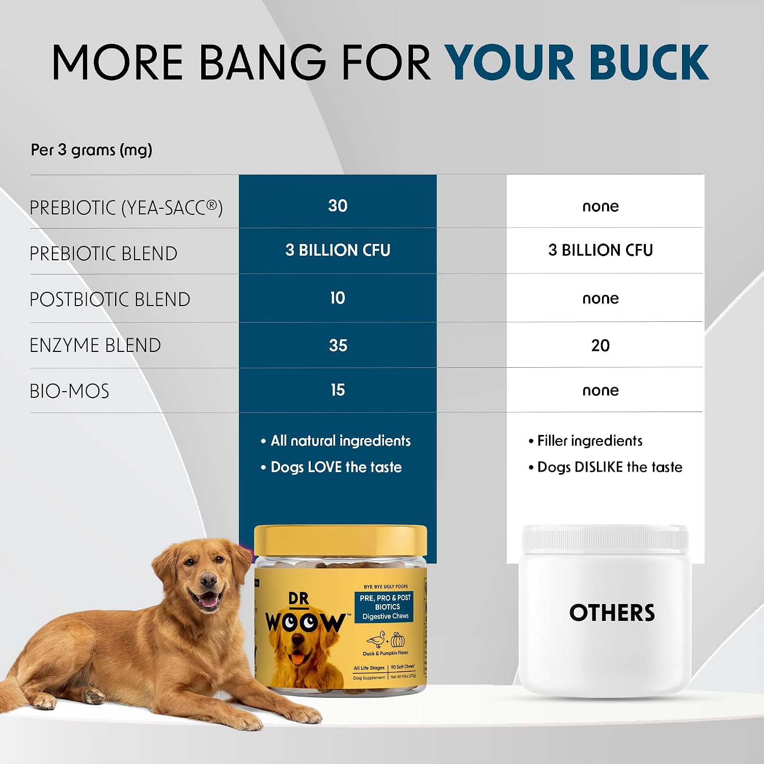DR WOOW Probióticos para Perros – Masticables Suaves con Enzimas Digestivas – Sabor Pato y Calabaza – 90 Unidades