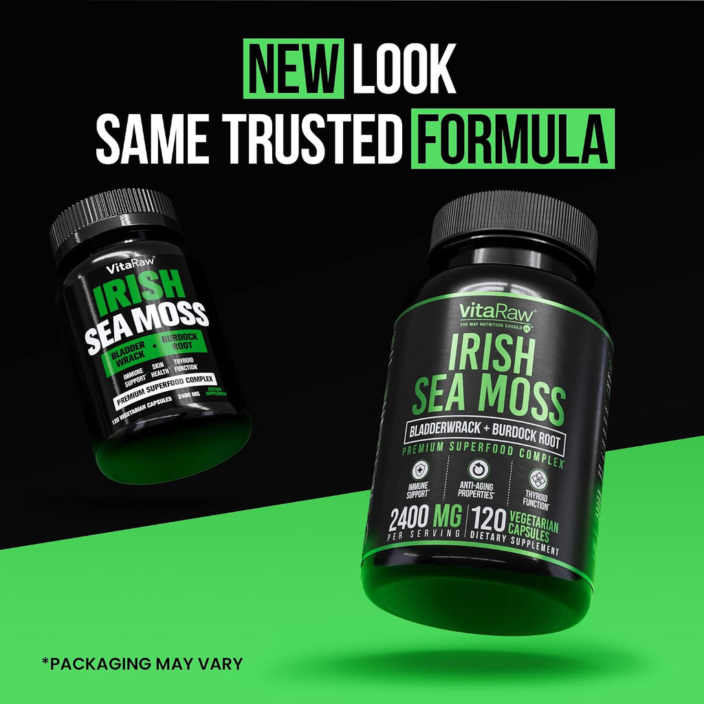VitaRaw Cápsulas Orgánicas de Irish Sea Moss 2400 mg - con Raíz de Bardana y Fucus Vesiculosus - Suplemento Herbal Avanzado