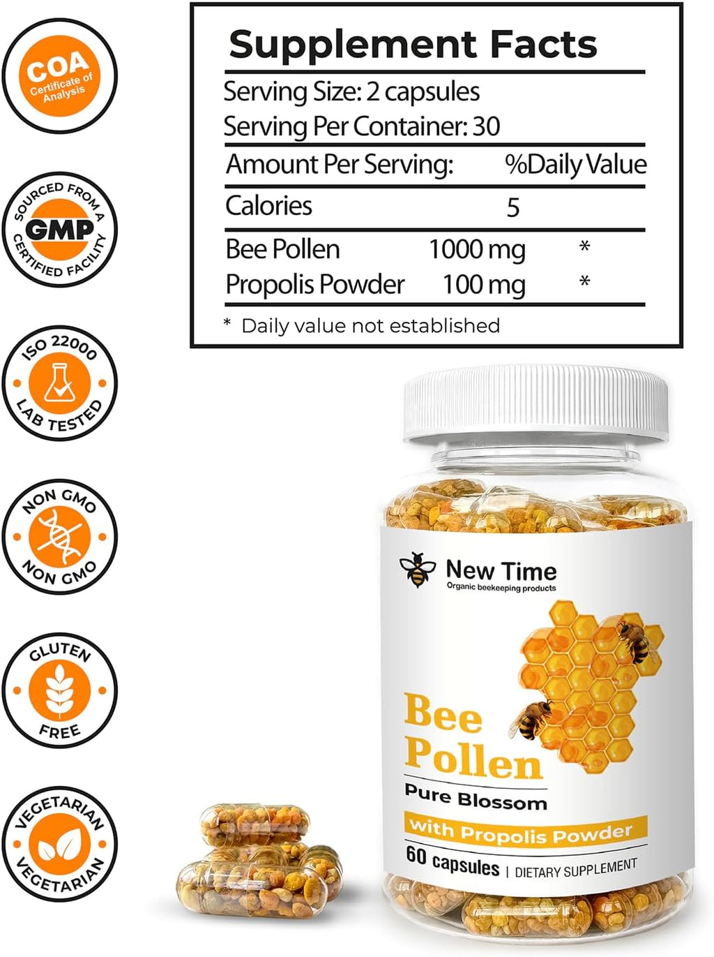 Cápsulas de Polen de Abeja con Propóleo – Suplemento Orgánico para Energía, Vitalidad y Bienestar, Rico en Vitaminas, Apoyo Inmunológico, 100% Puro y Natural