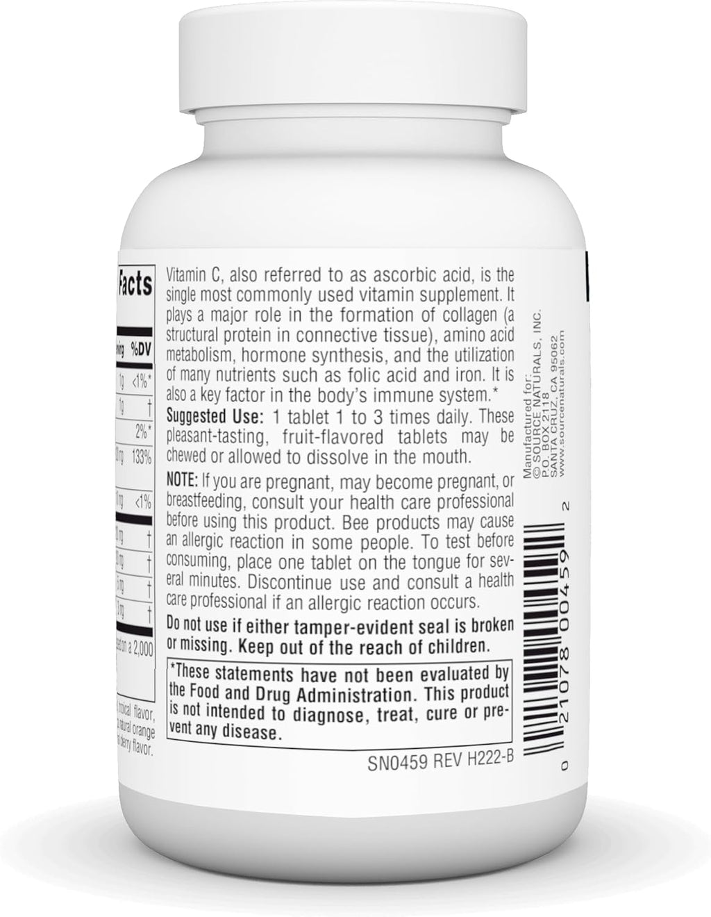 Source Naturals Chewable C, Acerola Cherry - 120mg - 100 Comprimidos Masticables con Sabor a Fruta