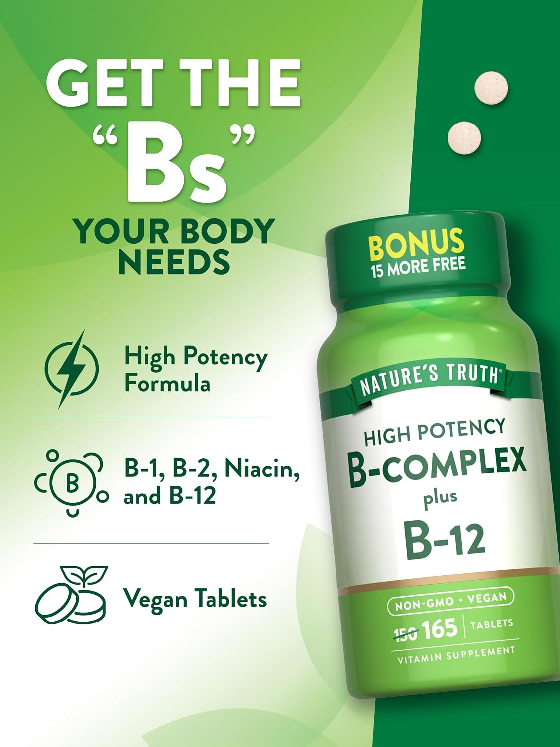 Nature's Truth Complejo B con B12 - 165 Tabletas Veganas No-GMO
