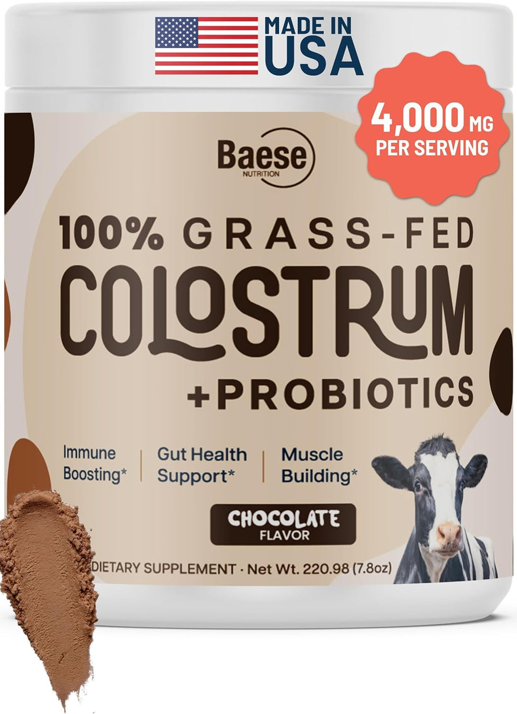 Baese Nutrition Colostro Bovino 4000mg con Probióticos - Sabor Chocolate (220.98g)