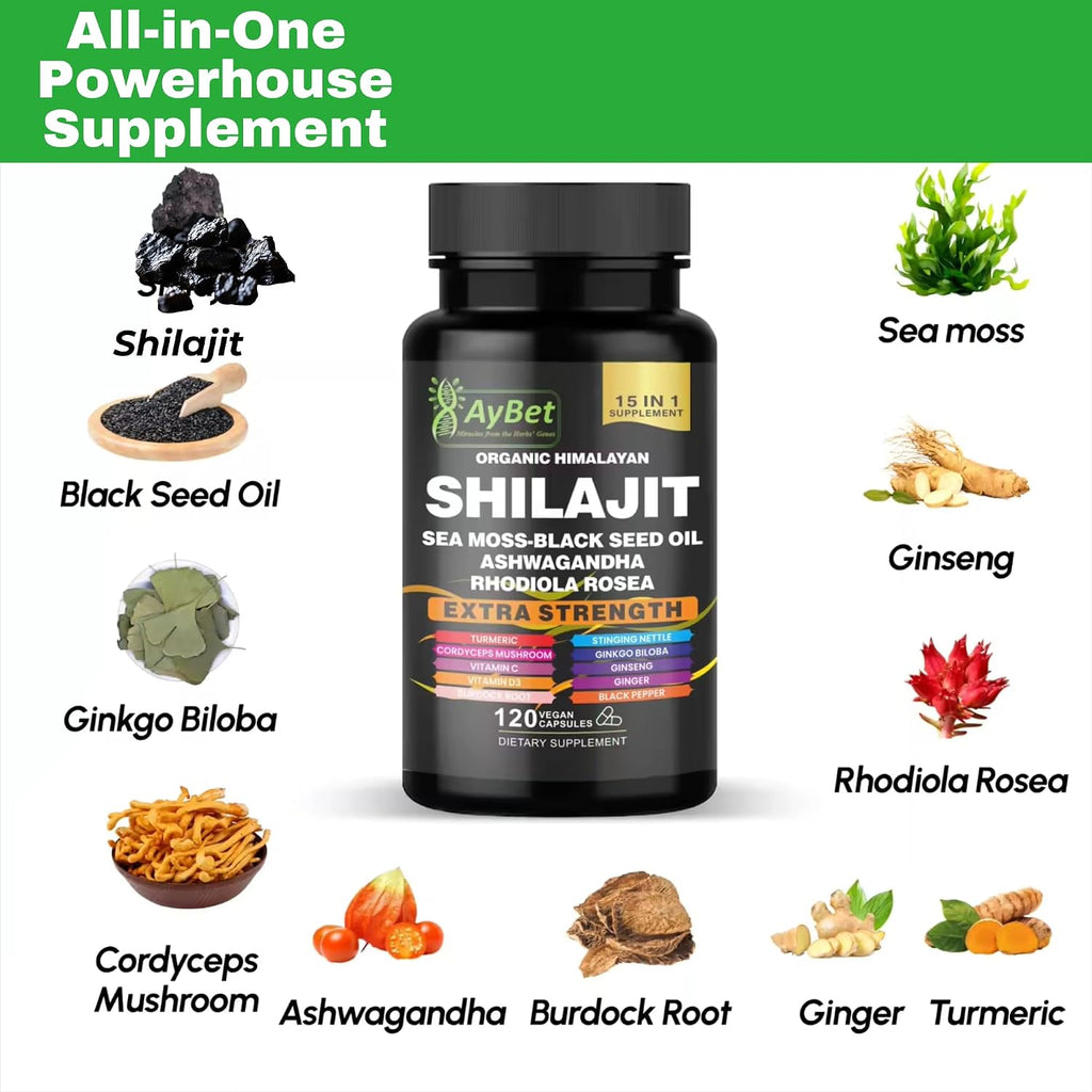AyBet Shilajit Orgánico Himalayo - 15 Ingredientes - 120 Cápsulas