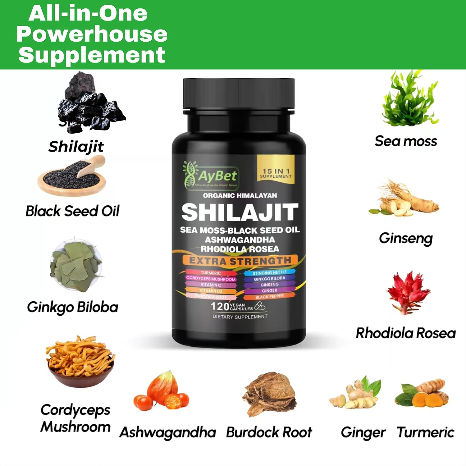 AyBet Shilajit Orgánico Himalayo - 15 Ingredientes - 120 Cápsulas