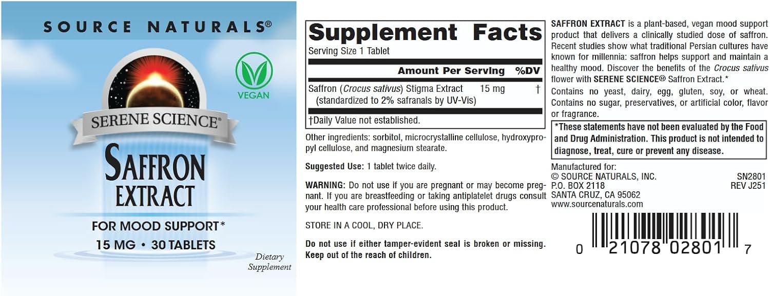 Source Naturals Serene Science Extracto de Azafrán, Para el Apoyo del Estado de Ánimo* - 30 Comprimidos