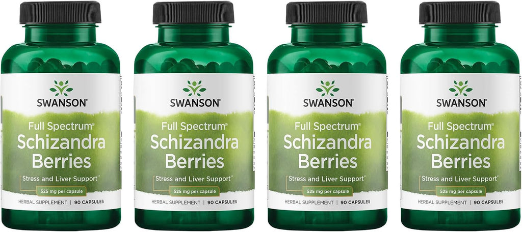 Swanson Full Spectrum Schizandra Berries - Suplemento Herbal para el Apoyo frente al Estrés y la Salud Hepática - 90 Cápsulas, 525mg cada una (Paquete de 4)