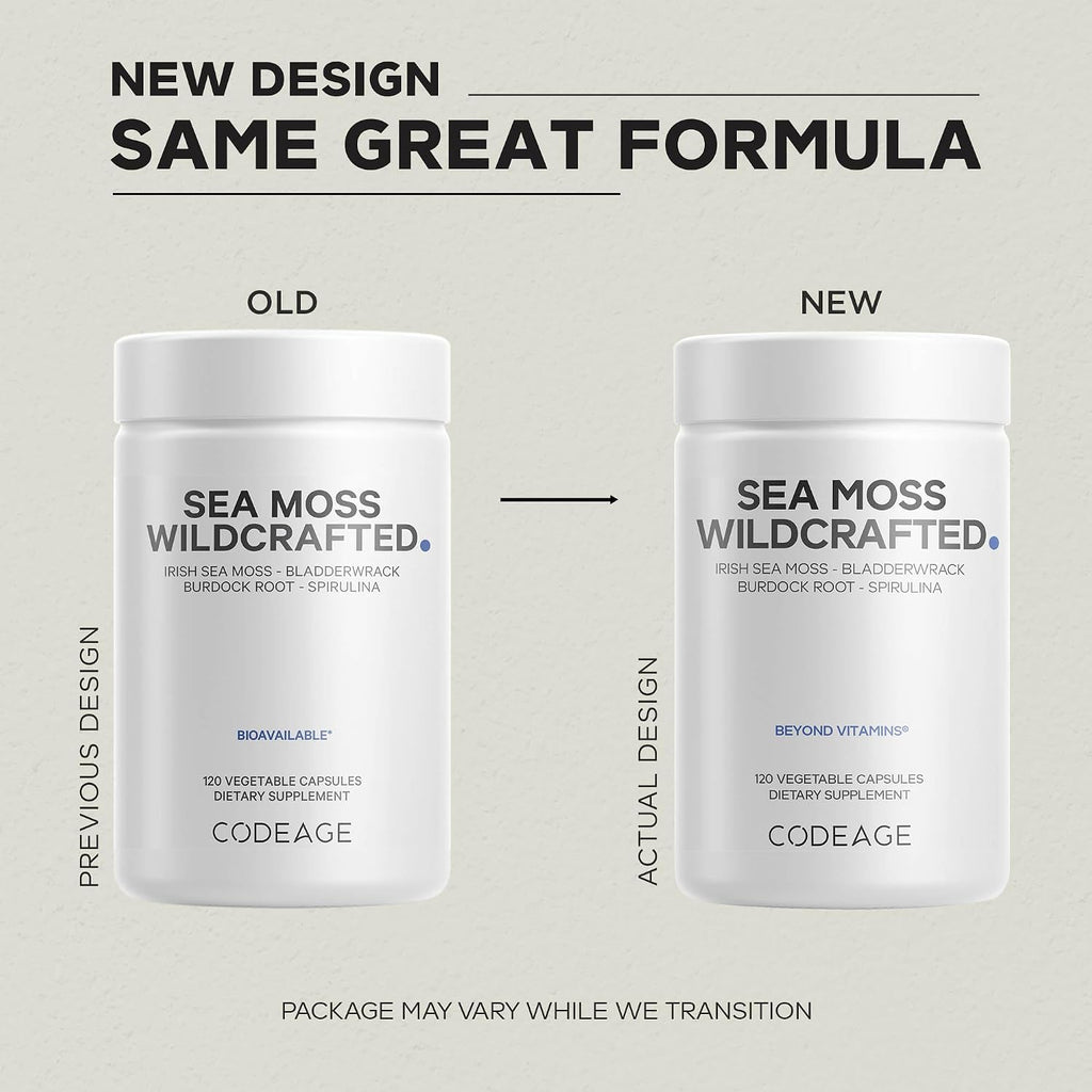Codeage Raw Wildcrafted Irish Sea Moss Supplement, Spirulina Algae, Bladderwrack Seaweed, Burdock Root, Black Pepper, Vegan, Non-GMO, 120 Capsules