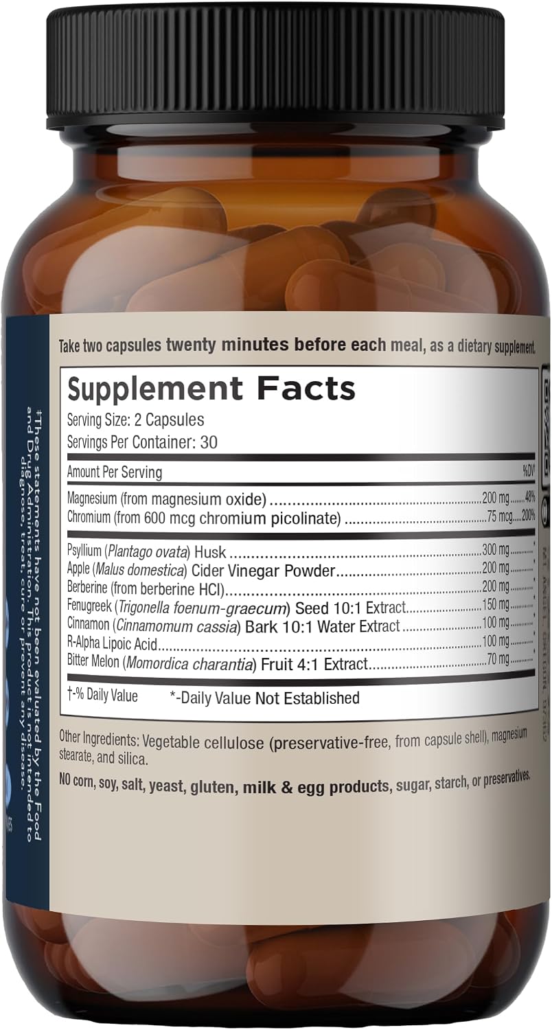 Mt. Angel Vitamins Blood Sugar Support - Suplemento con Berberina, Canela y Vinagre de Manzana - 60 Cápsulas