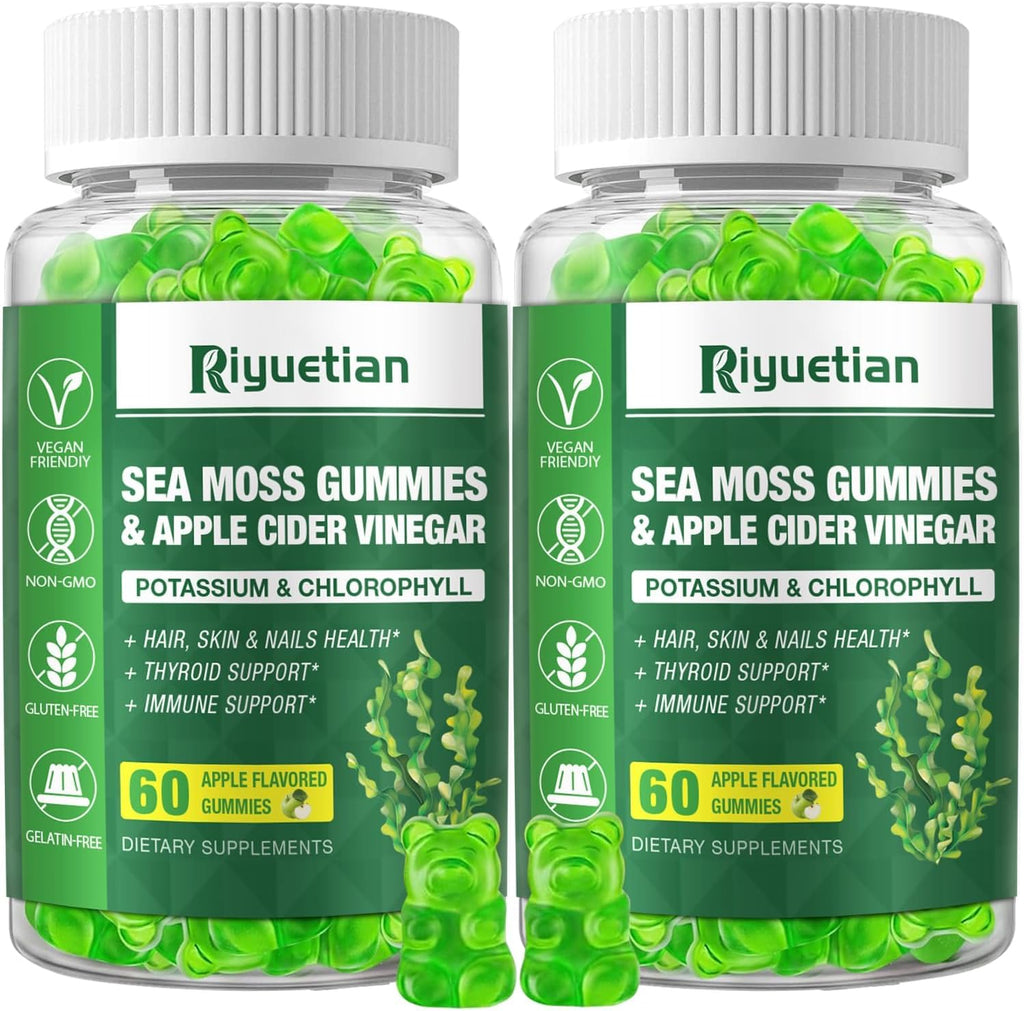 Riyuetian 2 Pack Gominolas de Musgo Marino - 120 Gominolas Veganas con Bladderwrack y Raíz de Bardana