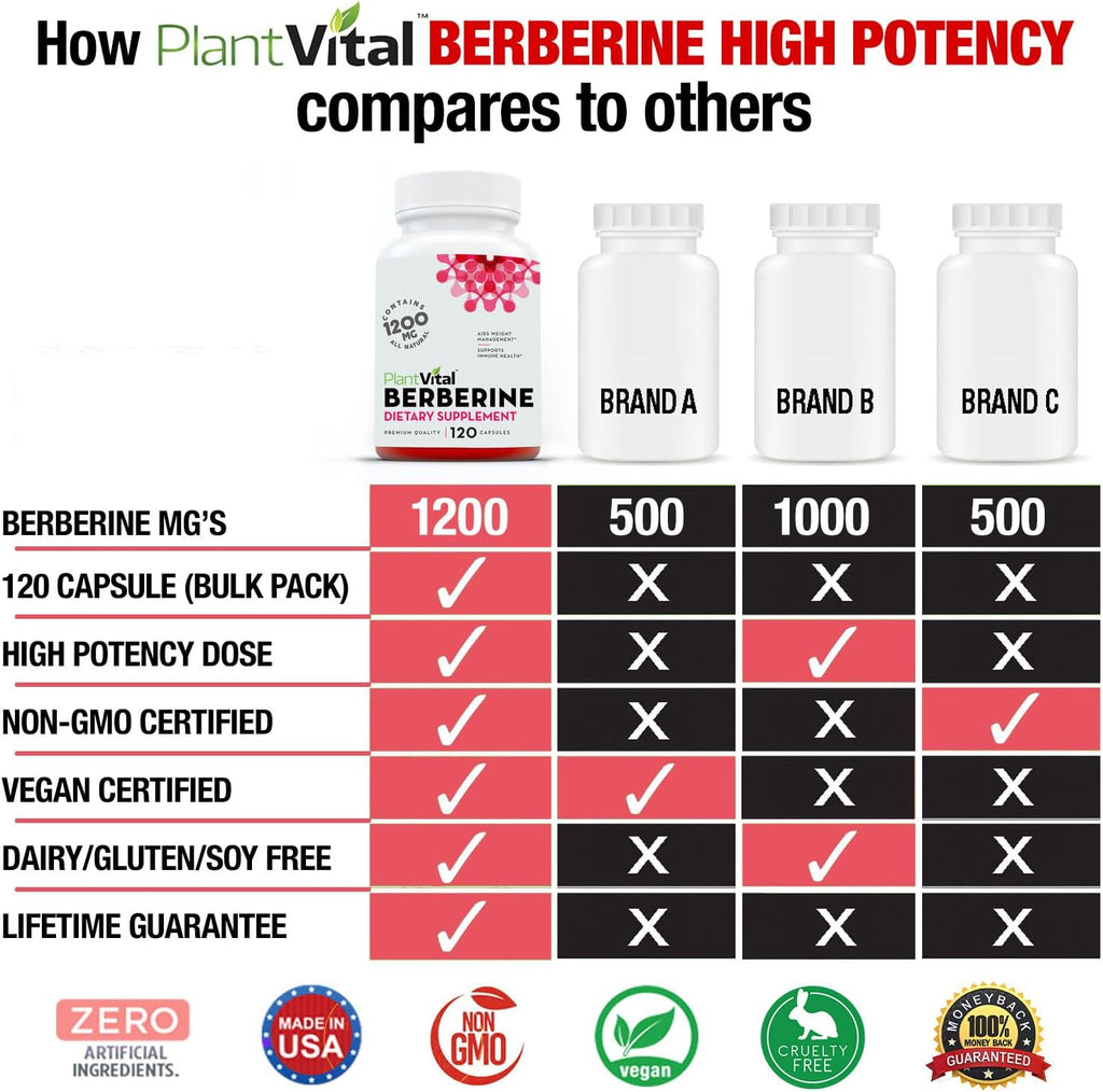 Plantvital Berberina 1200mg (2 cápsulas) - 240 Cápsulas Veganas, No OGM
