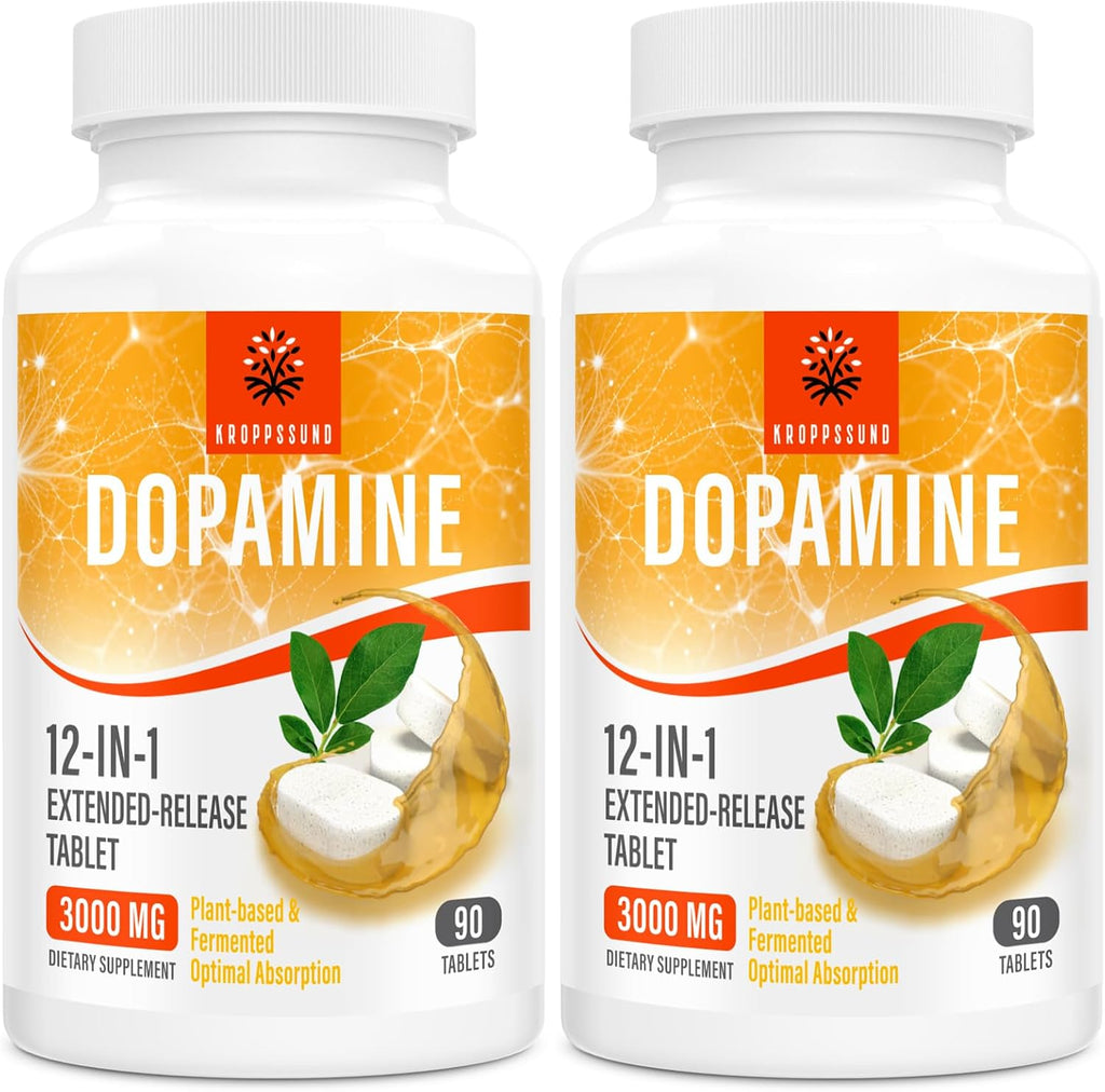 Kroppssund Suplemento de Dopamina con L-Teanina y Ashwagandha, Fórmula de Liberación Prolongada 12 en 1, 3000 mg por Dosis, 90 Comprimidos