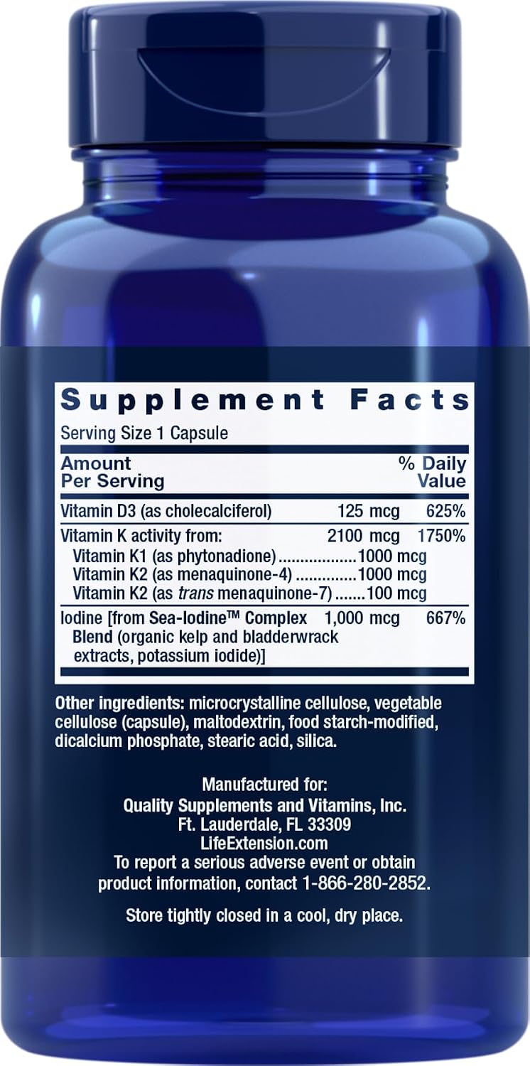 Life Extension Vitaminas D y K con Yodo Marino - 60 Cápsulas (Pack de 2)