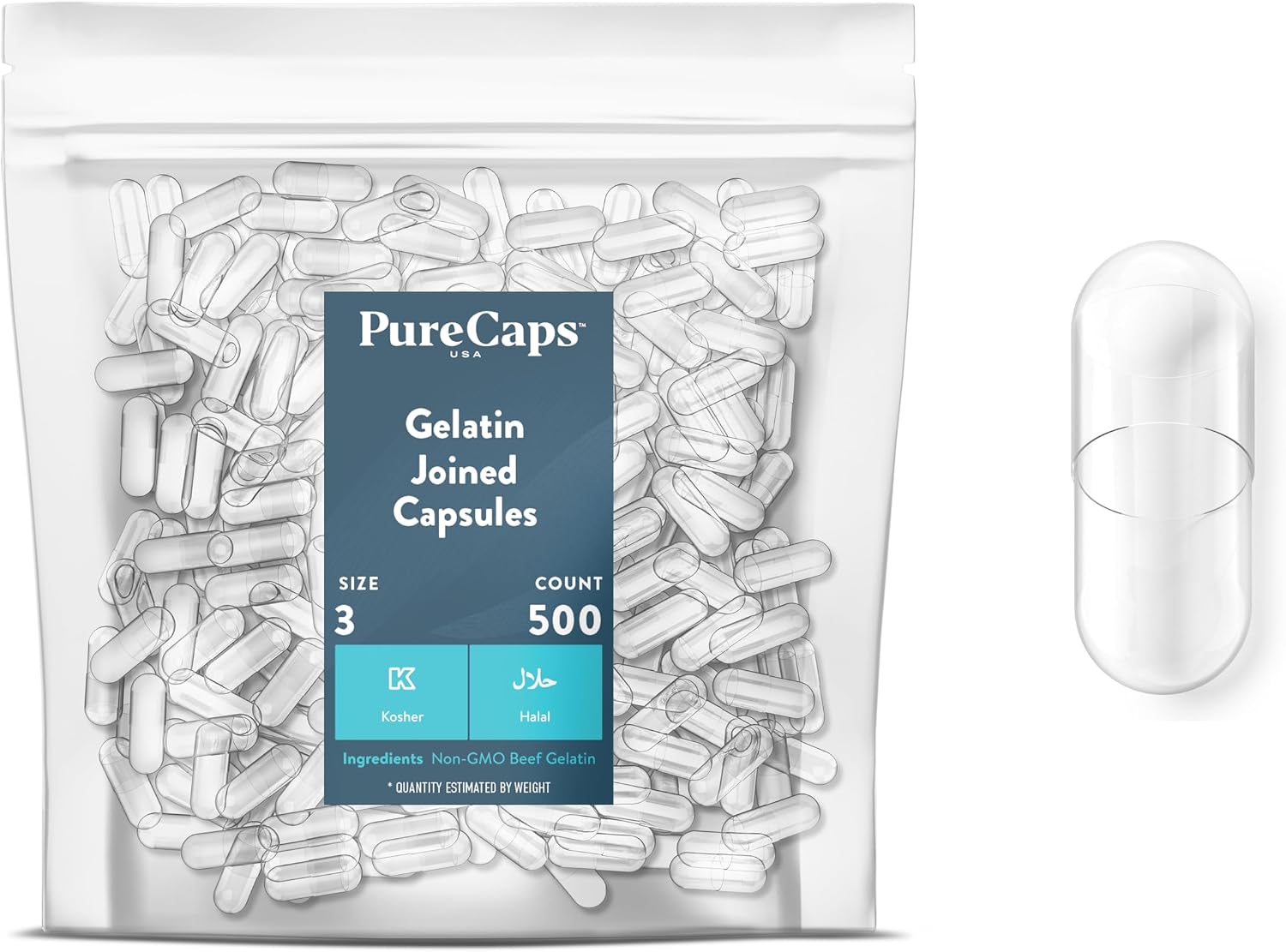 PureCaps USA - Cápsulas de Gelatina Vacías Tamaño 3 | 500 Cápsulas Unidas | Transparentes | Certificado Non-GMO | Sin SLS, Gluten, Conservantes