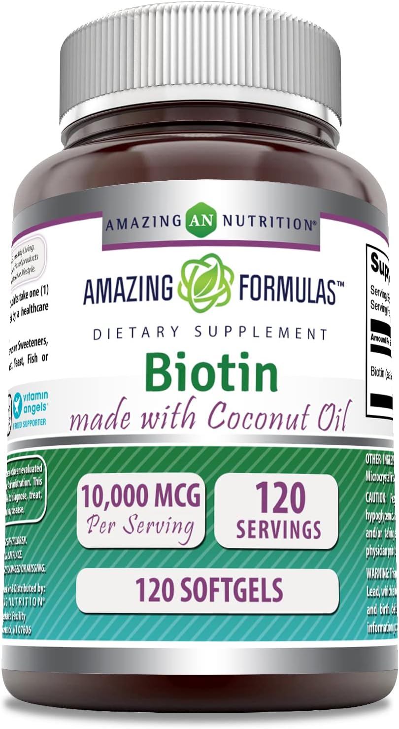 Amazing Formulas Biotina 10000 mcg con Aceite de Coco Virgen Extra - 120 Cápsulas