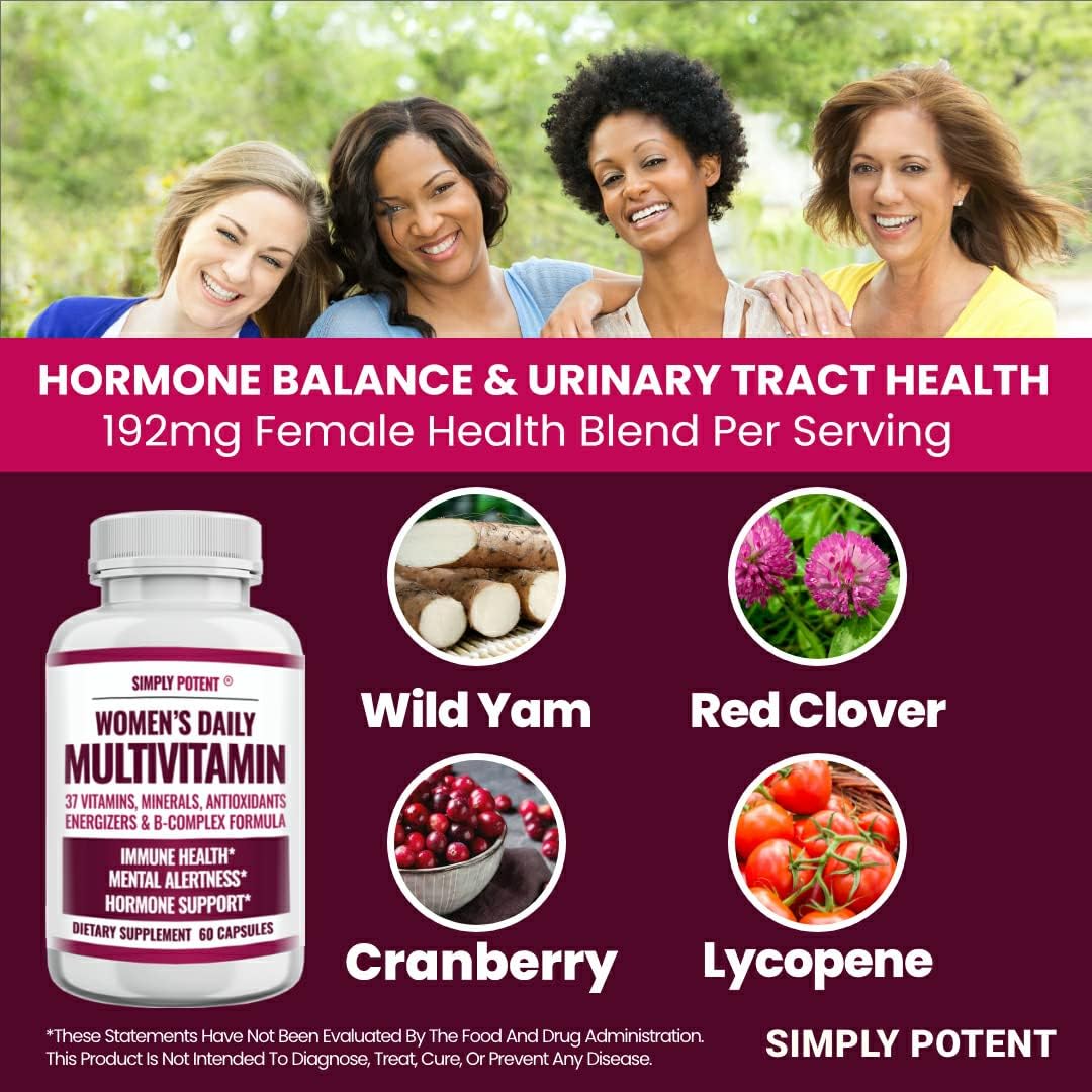 Simply Potent Multivitamínico para Mujeres – 37 Vitaminas y Minerales con Biotina, Té Verde y Complejo B, 60 Cápsulas