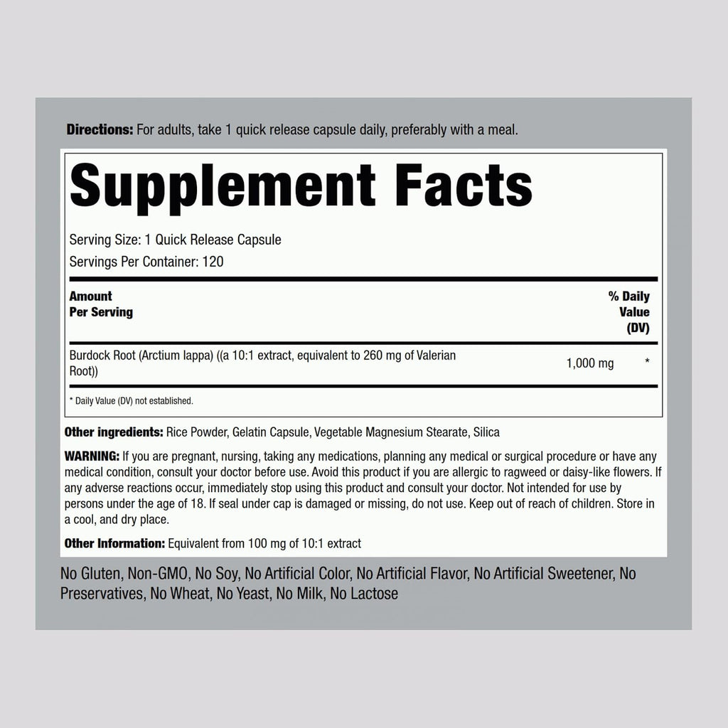 Piping Rock Cápsulas de Raíz de Bardana | 120 Unidades | Suplemento Herbal | Extracto Concentrado | Sin Gluten, No GMO