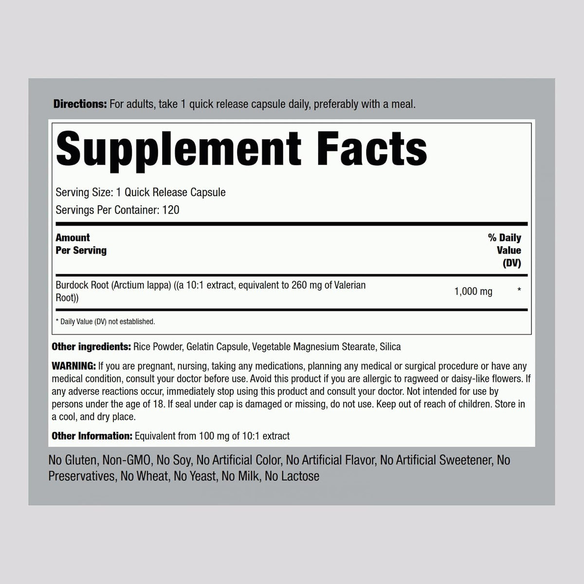 Piping Rock Cápsulas de Raíz de Bardana | 120 Unidades | Suplemento Herbal | Extracto Concentrado | Sin Gluten, No GMO – Image 2