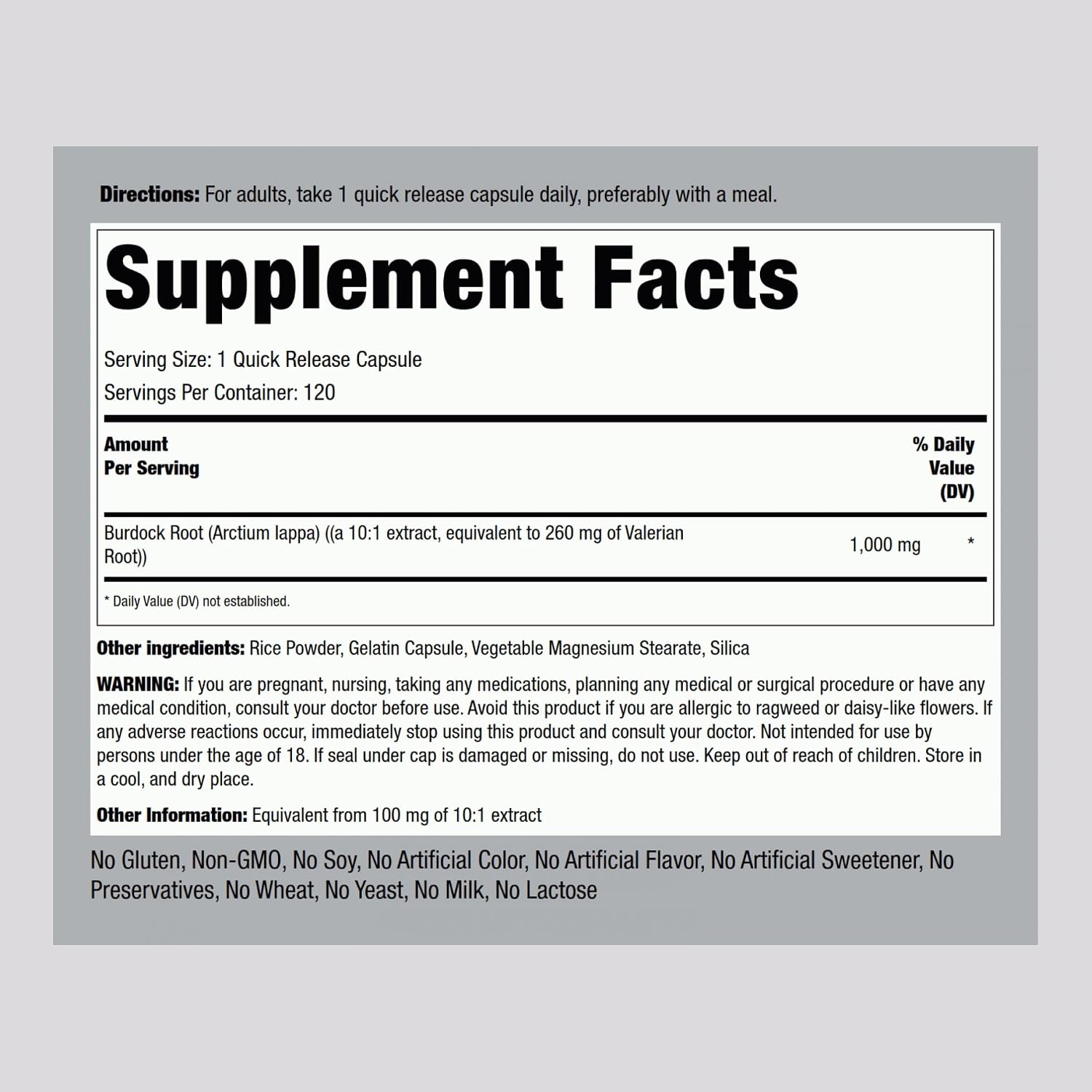 Piping Rock Cápsulas de Raíz de Bardana | 120 Unidades | Suplemento Herbal | Extracto Concentrado | Sin Gluten, No GMO