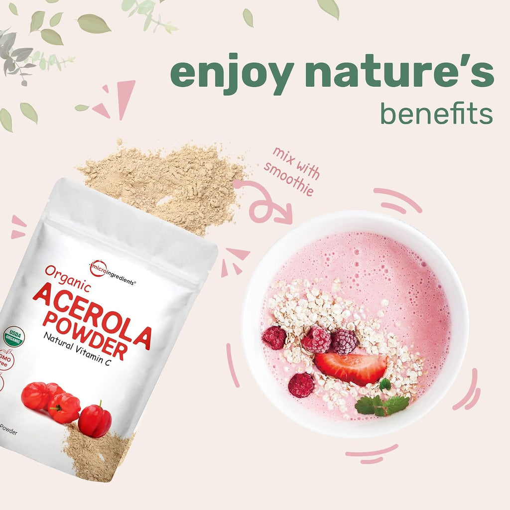 Micro Ingredients Polvo de Cereza Acerola Orgánico Puro, Vitamina C Natural, 2 Paquetes de 227 g