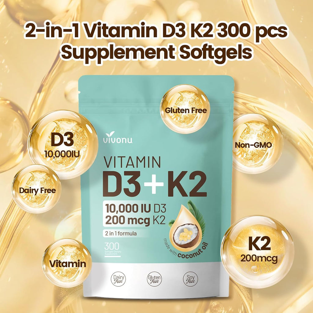 VivoNu Vitamina D3 10000 UI + K2 MK-7 200 mcg, 900 Cápsulas (3x300)