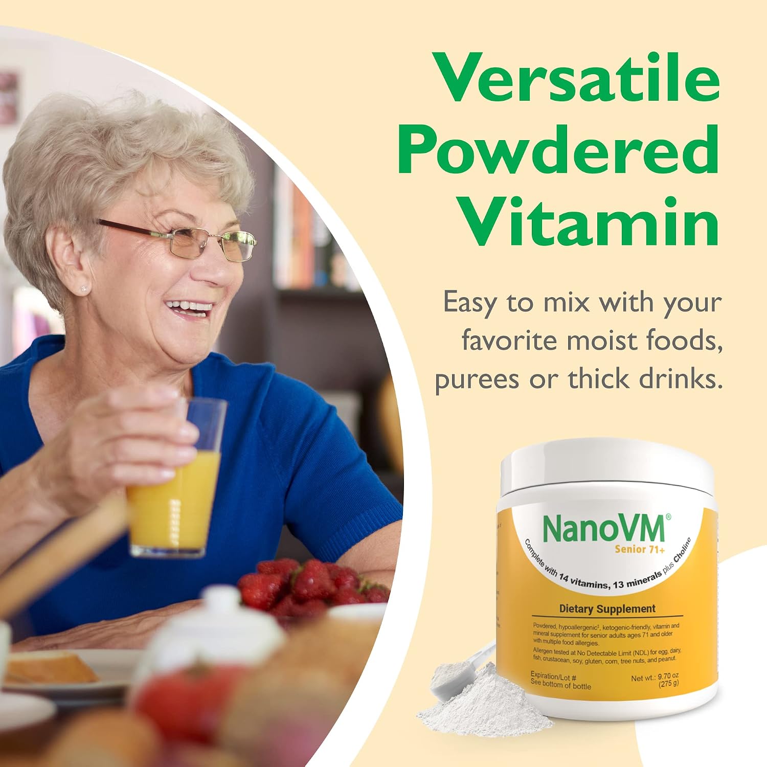 NanoVM Senior 71+ Multivitamin Powder - 14 Vitaminas y 13 Minerales, Sin Alérgenos, Bajo en Carbohidratos, 275g