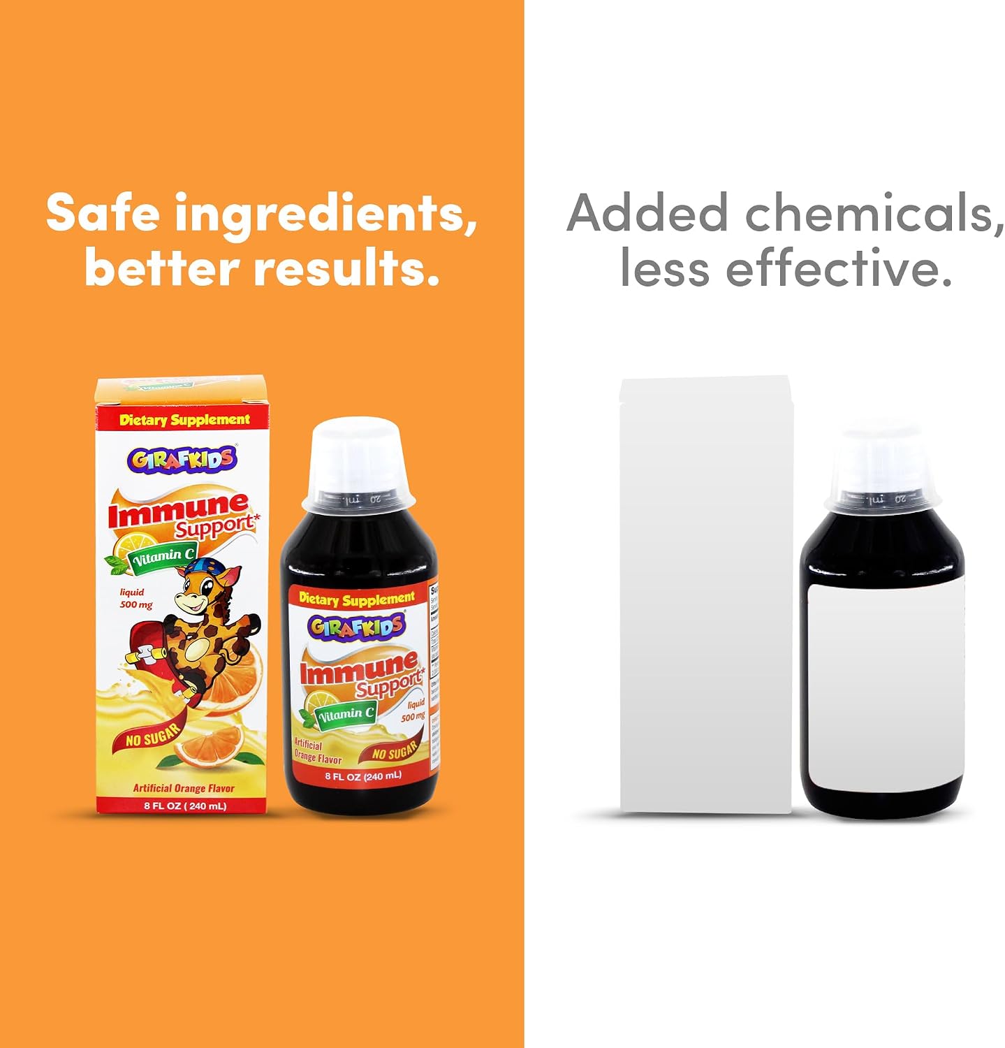 GirafKids Liquid Vitamin C for Kids Ages 4+ | 8 Fl Oz, 500mg | No-Sugar Formula with Safe, Premium Ingredients | Delicious Orange Flavor | Immune Support & Energy Boost